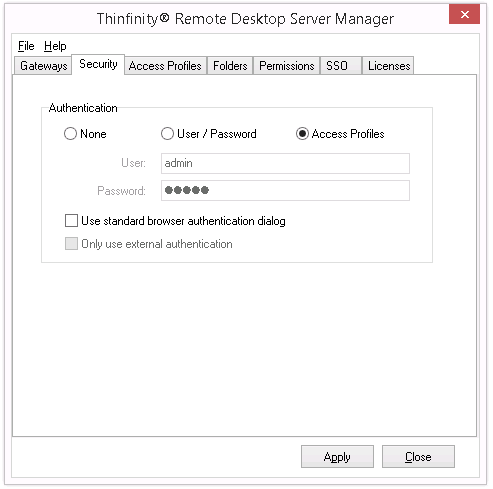 ThinRDP Server HTML5, Web-based RDP remote desktop control configuration security tab