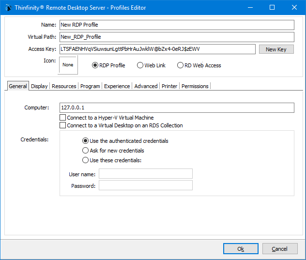 ThinRDP Server HTML5, Web-based RDP remote desktop control configuration security access profiles general tab