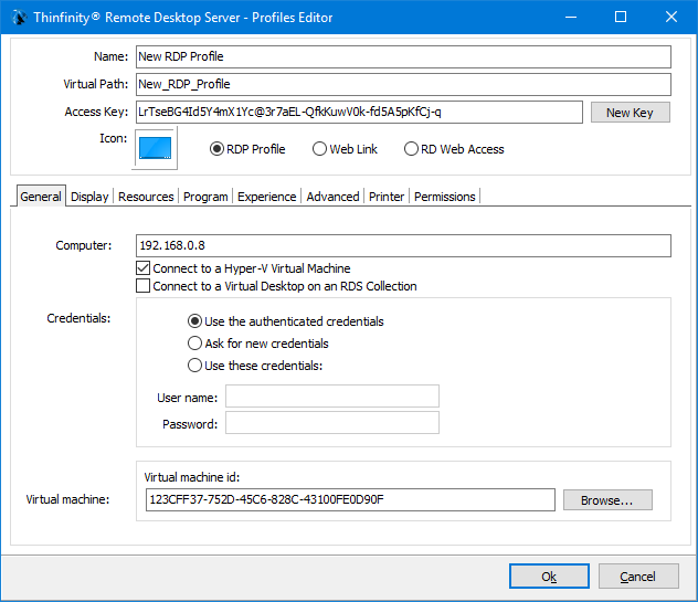 ThinRDP Server HTML5, Web-based RDP desktop remote control manager profiles editor