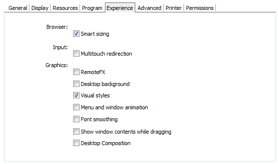 ThinRDP Server HTML5, Web-based RDP desktop remote control profiles editor experience tab