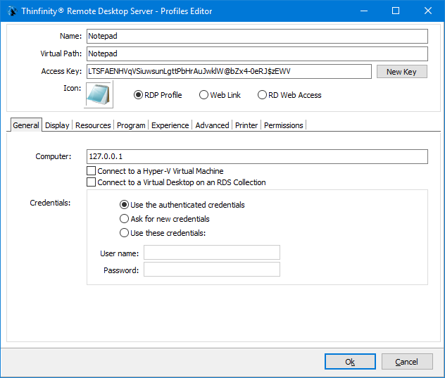 ThinRDP Server HTML5, Web-based RDP remote desktop control configuration security access profiles general tab