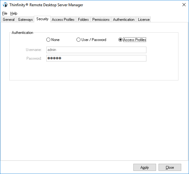 ThinRDP Server HTML5, Web-based RDP remote desktop control configuration security tab