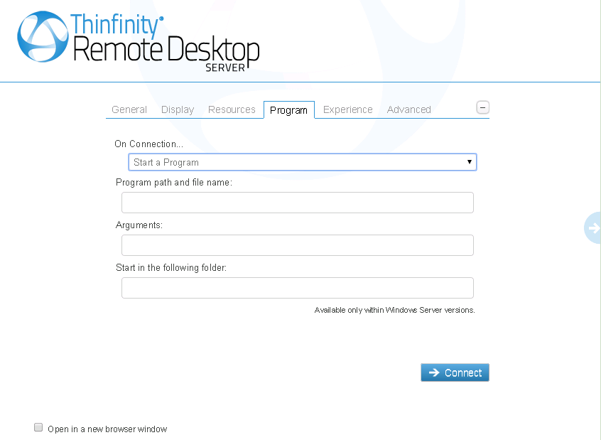 ThinRDP Server HTML5, Web-based RDP desktop remote access web start a program