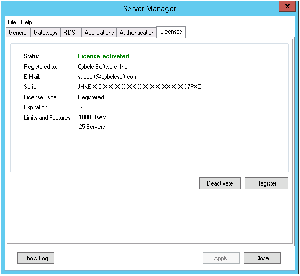 ThinRDP Server HTML5, Web-based RDP desktop remote control manager licenses tab