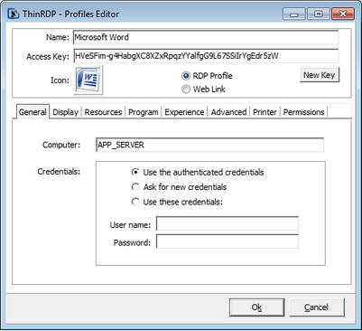 ThinRDP Server HTML5, Web-based RDP remote desktop control configuration security access profiles general tab