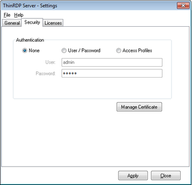ThinRDP Server HTML5, Web-based RDP remote desktop control configuration security tab