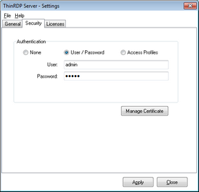 ThinRDP Server HTML5, Web-based RDP remote desktop control configuration security tab