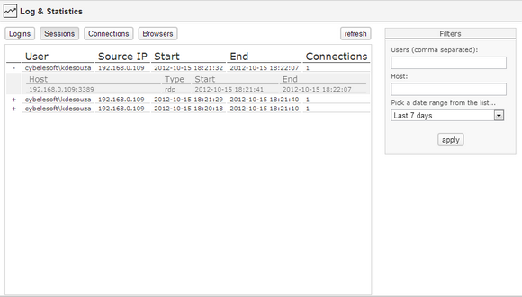 ThinRDP Server HTML5, Web-based RDP desktop remote access session records