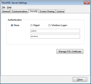 ThinVNC HTML5, Web-based VNC desktop sharing remote control settings security