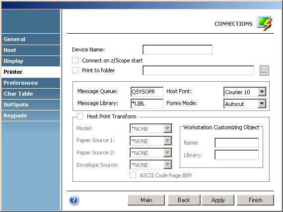 Terminal Emulation z/Scope AS400 TN5250 Printer Device Name Connect Font Message Queue Library Forms Mode Host Print Transform Workstation Customizing Object ASCII