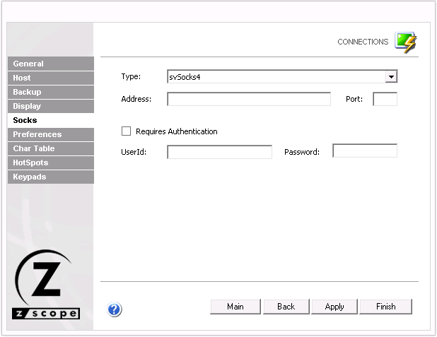 Web-based HTML5 TN3270 TN5250 Terminal Emulation Settings Socks Type Address Port Authetnication UserID Password