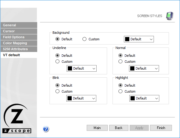 Web-based HTML5 TN3270 IBM Mainframe TN5250 IBM AS/400 VT UNIX Terminal Emulation Settings Screen Styles VT Default Background Custom Undelrine Normal Blink Highlight