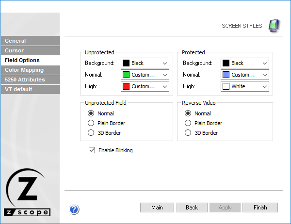 Web-based HTML5 TN3270 IBM Mainframe TN5250 IBM AS/400 VT UNIX Terminal Emulation Settings Screen Styles Field Options Protected Unprotected Background Normal High Field Border Plain 3D Blinking