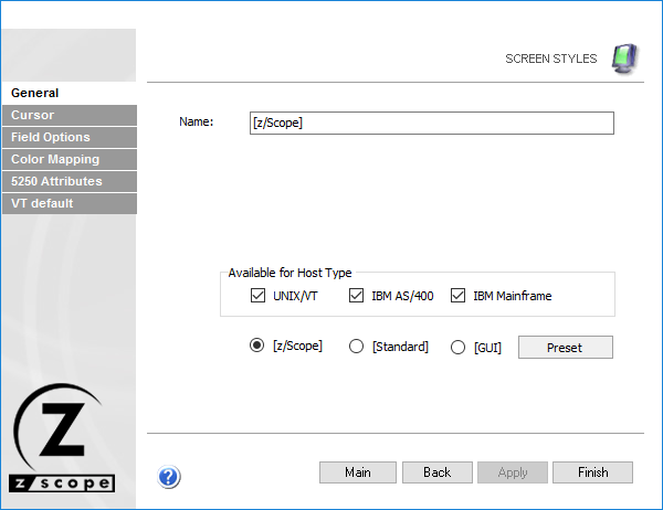 Web-based HTML5 TN3270 IBM Mainframe TN5250 IBM AS/400 VT UNIX Terminal Emulation Settings Screen Styles General Name Host Type