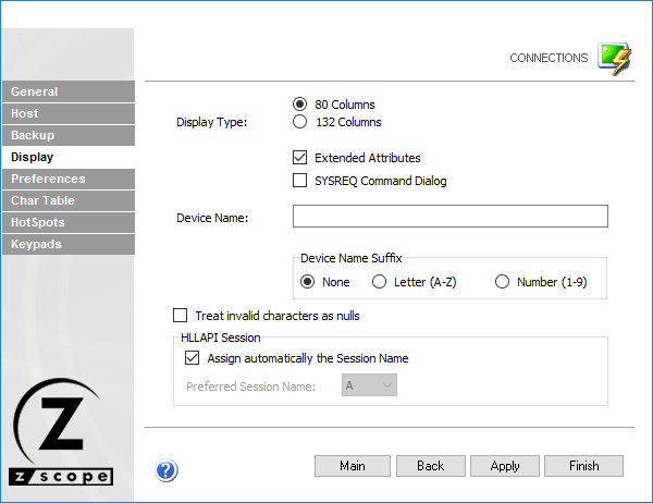 Web-based HTML5 TN3270 TN5250 Terminal Emulation Settings Display Type 80 132 Columns Extended Attributed SYSREQ Command Dialog Device Name Suffix Invalid Characters Null HLLAPI Session Automatically