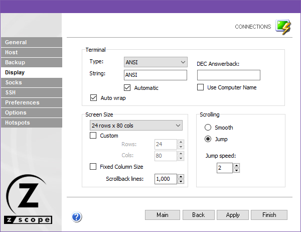 Web-based HTML5 VT100 Unix Telnet Terminal Emulation Settings Display Terminal Type String ANSI DEC Answerback Computer Name Autowrap Screen Size rows columns Fixed Scrolling Smooth Jump Speed