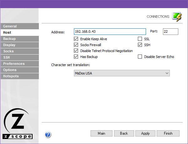 Web-based HTML5 VT100 Unix Telnet Terminal Emulation Settings Host Address Port Keep Alive Socks Firewalla Protocol Negotiation Nackup SSL SSH Character Set Translation