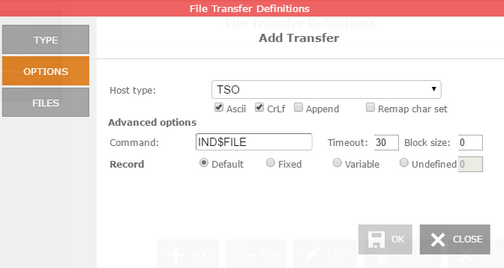 Web-based HTML5 TN3270 TN5250 VT100 Terminal Emulation File Transfer Manager Queue IND$FILE Options Host Type ASCII CRLF Append Command Timeout Block Size Record