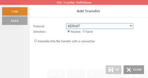 Web-based HTML5 TN3270 TN5250 VT100 Terminal Emulation File Transfer Manager Queue KERMIT Type Protocol Direction Associate with Connection
