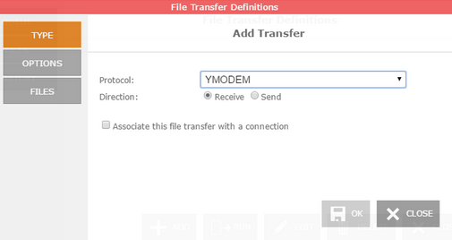 Web-based HTML5 TN3270 TN5250 VT100 Terminal Emulation File Transfer Manager Queue YMODEM Type Protocol Direction Associate with Connection