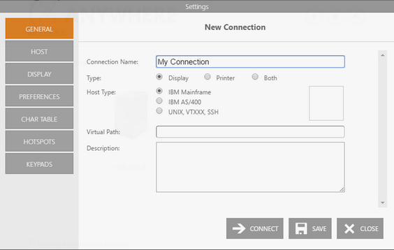 Web-based HTML5 TN3270 IBM Mainframe TN5250 IBM AS/400 VT UNIX Terminal Emulation New Connection