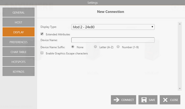 Web-based HTML5 Terminal Emulation TN3270 IBM Mainframe Connection Display Type Extended Attributes Device Name Suffix Graphic Escape Characters