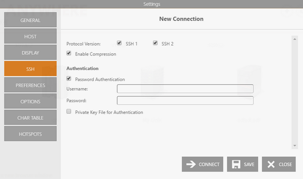 Web-based HTML5 Terminal Emulation VT100 UNIX Telnet Connection SSH Version Compressiong Password Authentication Private Key File