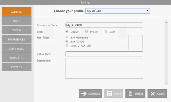 Web-based HTML5 TN3270 IBM Mainframe TN5250 IBM AS/400 VT UNIX Telnet Terminal Emulation Connection Settings