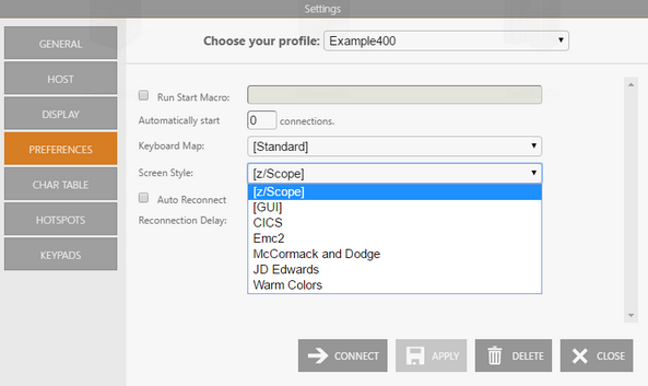 Web-based HTML5 TN3270 TN5250 VT100 Terminal Emulation Screen Styles Preferences Settings