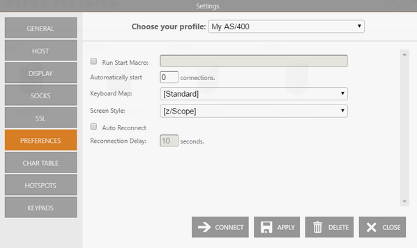 Web-based HTML5 TN3270 IBM Mainframe TN5250 IBM AS/400 Terminal Emulation Connection Edit Preferences Automatically Start Connections Keyboard Map Screen Style Reconnect Delay