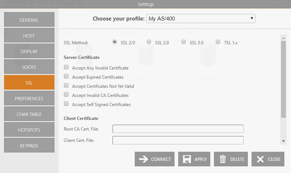 Web-based HTML5 TN3270 IBM Mainframe TN5250 IBM AS/400 Terminal Emulation Connection Edit SSL TSL Server Certificate Display Accept Invalid Expired Valid Self Signed Client Root CA Key File