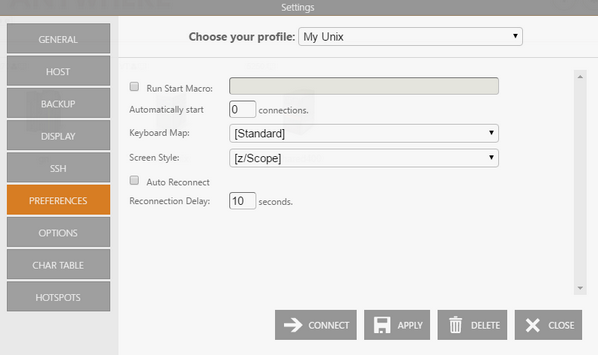 Web-based HTML5 VT UNIX Telnet Terminal Emulation Connection Edit Preferences Automatically Start Keyboard Map Screen Style Reconnect Delay