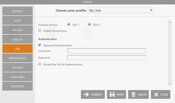 Web-based HTML5 VT UNIX Telnet Terminal Emulation Connection Edit SSH Protocol Version Compression Username Password Private Key File Authentication