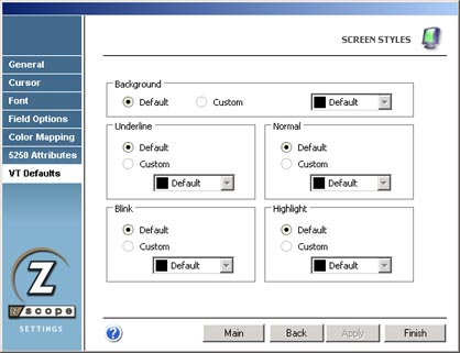 TN3270 TN5250 Terminal Emulation z/Scope Screen Styles VT defaults Background Custom Undelrine Normal Blink Highlight