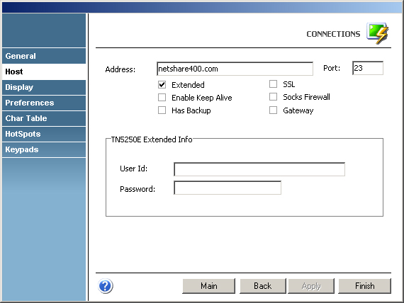 Terminal Emulation z/Scope TN3270 IBM Mainframe AS400 TN5250 Connection Address Host Port Extended Enable Keep Alive Backup SSL Socks Firewall Gateway User Password