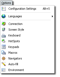 TN3270 TN5250 VT Terminal Emulation z/Scope Telnet Workspace Main Menu Options Configuration Settings Languages Connection Screen Style Keyboard HotSpots Keypads Macros Navigators Auto-fill Environment