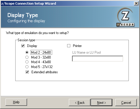 Terminal Emulation z/Scope TN3270 IBM Mainframe AS400 TN5250 Connection Display Type Mod Extended Attributes Printer LU Name Pool