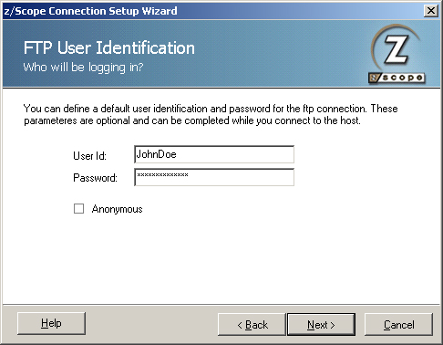 TN3270 TN5250 VT Terminal Emulation z/Scope FTP Connection Setup Wizard User Identification Password Anonymous