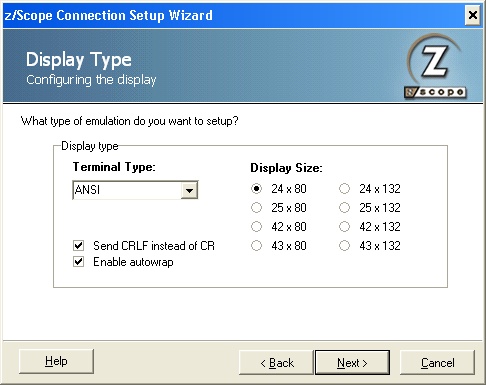 VT Terminal Emulation z/Scope UNIX VT Telnet Connection Setup Wizard Display Terminal Type ANSI CRLF Autowrap