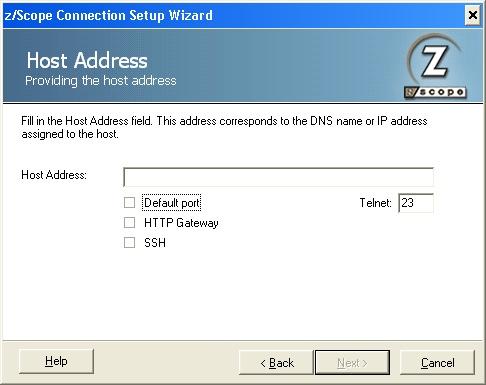 VT Terminal Emulation z/Scope UNIX VT Telnet Connection Setup Wizard Host Address Default Port SSH Telnet