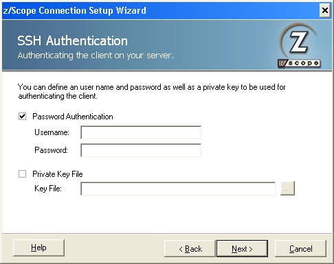 VT Terminal Emulation z/Scope UNIX VT Telnet Connection Setup Wizard SSH Password Authentication Private Key File
