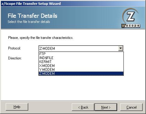 TN3270 TN5250 VT Terminal Emulation z/Scope File Transfer Wizard Welcome Z-MODEM Protocol Direction