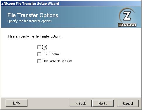 TN3270 TN5250 VT Terminal Emulation z/Scope File Transfer Wizard Welcome Z-MODEM Options 8K ESC Control Overwrite