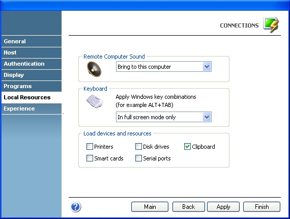 Terminal Emulation z/Scope RD Remote Desktop Local Resources Sound Windows Key Combination Printer Smart Cards Disk Drive Clipboard Serial Ports
