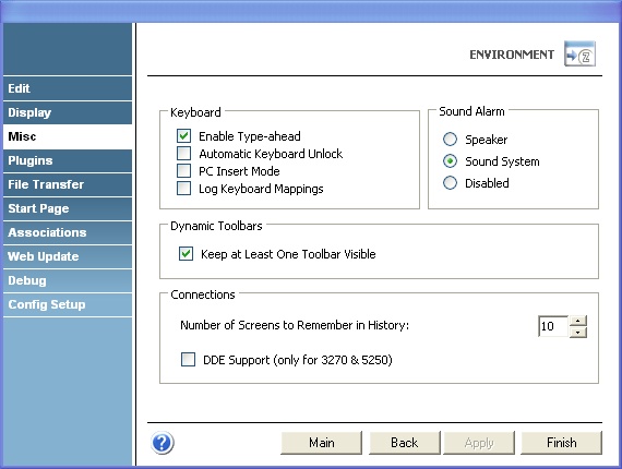 TN3270 IBM Mainframe TN5250 AS400 VT UNIX Telnet Terminal Emulation z/Scope Settings Keyboard Type Ahead Unlock Insert Log Sound Alarm Speaker System Dynamic Toolbar Connections