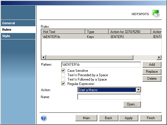TN3270 TN5250 VT Terminal Emulation z/Scope HotSpots Rules Text Type Action Pattern Keystrokes Test
