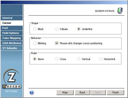 TN3270 TN5250 VT Terminal Emulation z/Scope Screen Styles Shape Block Underline I-BEam Behaviour Mouse Click Positioning Rules None Cross Vertical Horizontal