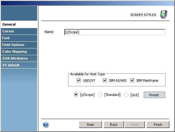 TN3270 IBM Mainframe TN5250 AS400 VT UNIX Telnet Terminal Emulation z/Scope Screen Styles Protocol Standard GUI Preset