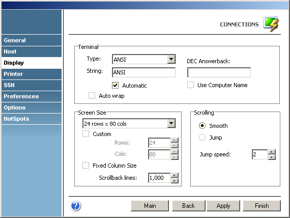 Terminal Emulation z/Scope VT unix VT Telnet Display Terminal Type String DEC Answerback Automatic Screen Size rows cols Custom Dixed Column Size Scrollback Lines Smooth Jump