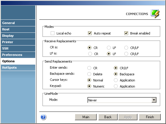 Terminal Emulation z/Scope VT unix VT Telnet Options Modes Local Echo Auto Repeat Break Enabled Receive Replacements CR LS Backspace Cursor Keypad LineMode